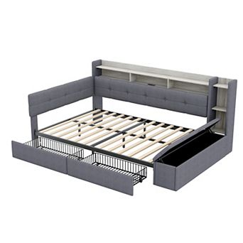 Merax Upholstery Daybed with Storage Footstool and Shelves,with Two Drawers