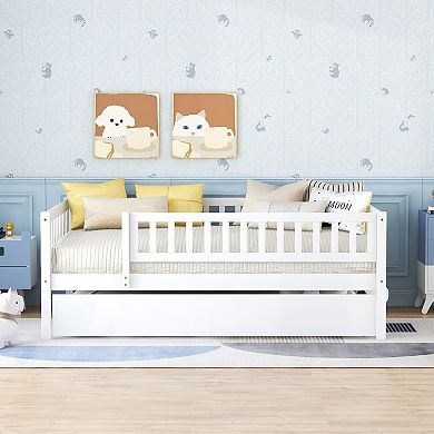 Merax Wood Daybed with Trundle and Fence Guardrails