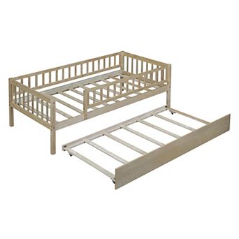 Merax Wood Daybed with Trundle and Fence Guardrails