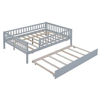 Merax Wood Daybed with Trundle and Fence Guardrails