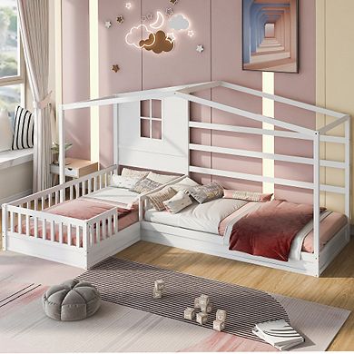 Merax Wood House Bed Twin Size, 2 Twin Solid Bed L structure with fence and slatted frame