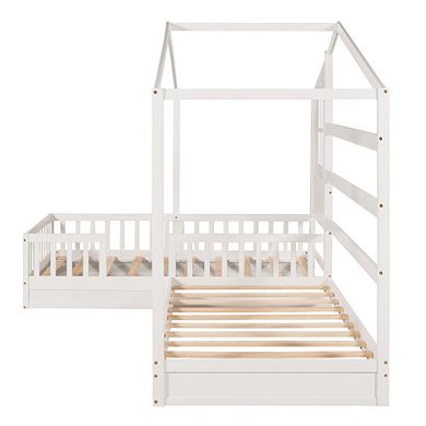 Merax Wood House Bed Twin Size, 2 Twin Solid Bed L structure with fence and slatted frame