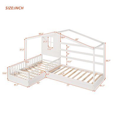 Merax Wood House Bed Twin Size, 2 Twin Solid Bed L structure with fence and slatted frame