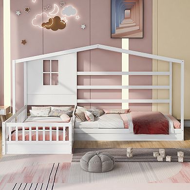 Merax Wood House Bed Twin Size, 2 Twin Solid Bed L structure with fence and slatted frame
