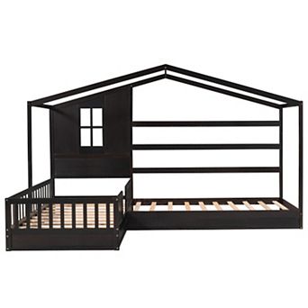 Merax Wood House Bed Twin Size, 2 Twin Solid Bed L structure with fence and slatted frame