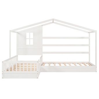 Merax Wood House Bed Twin Size, 2 Twin Solid Bed L structure with fence and slatted frame