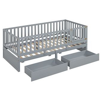 Merax Twin Size Wood Daybed with Fence Guardrails and 2 Drawer Split into Independent Floor Bed