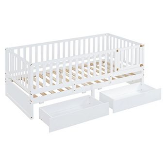 Merax Twin Size Wood Daybed with Fence Guardrails and 2 Drawer Split into Independent Floor Bed