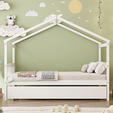 Merax Wooden House Bed with Twin Size Trundle