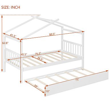 Merax Wooden House Bed with Twin Size Trundle