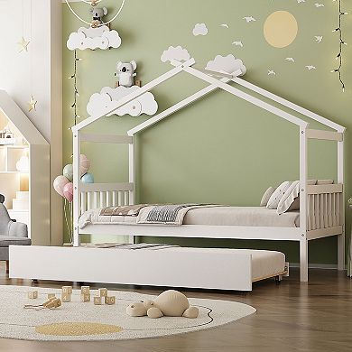 Merax Wooden House Bed with Twin Size Trundle