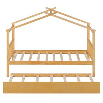 Merax Wooden House Bed with Twin Size Trundle