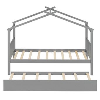 Merax Wooden House Bed with Twin Size Trundle