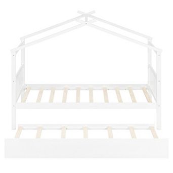 Merax Wooden House Bed with Twin Size Trundle