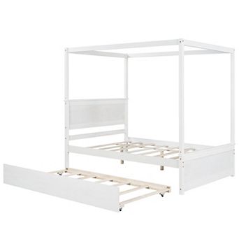 Merax Wood Canopy Bed with Trundle Bed ,Full Size Canopy Platform bed With Support