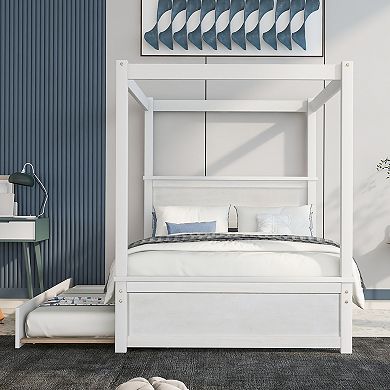 Merax Wood Canopy Bed with Trundle Bed ,Full Size Canopy Platform bed With Support