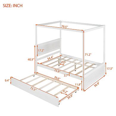 Merax Wood Canopy Bed with Trundle Bed ,Full Size Canopy Platform bed With Support