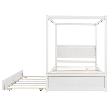 Merax Wood Canopy Bed with Trundle Bed ,Full Size Canopy Platform bed With Support
