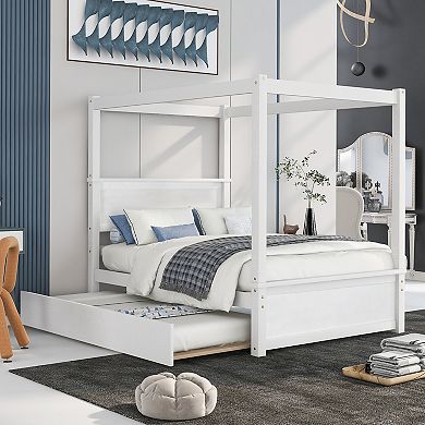 Merax Wood Canopy Bed with Trundle Bed ,Full Size Canopy Platform bed With Support