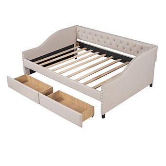 Merax Upholstered daybed with Two Drawers, Wood Slat Support Full Size