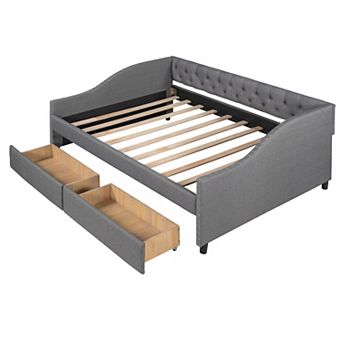 Merax Upholstered daybed with Two Drawers, Wood Slat Support Full Size
