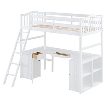 Merax Twin size Loft Bed with Drawers, Cabinet, Shelves and Desk, Wooden Loft Bed with Desk