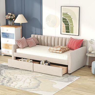 Merax Twin Size Upholstered daybed with Drawers, Wood Slat Support