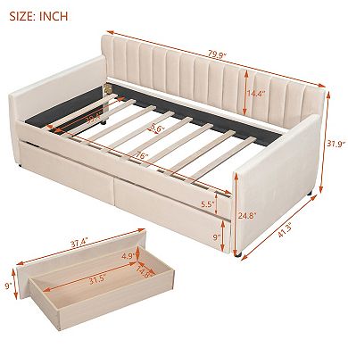 Merax Twin Size Upholstered daybed with Drawers, Wood Slat Support