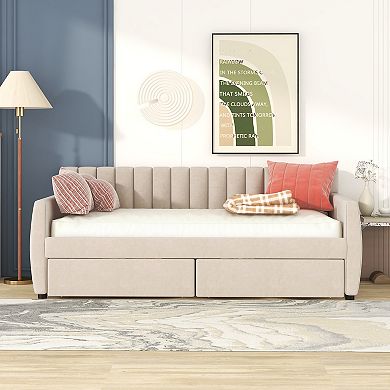 Merax Twin Size Upholstered daybed with Drawers, Wood Slat Support