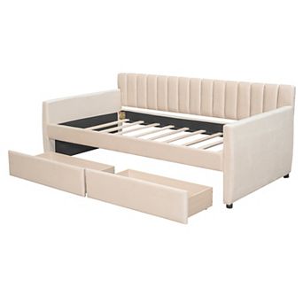 Merax Twin Size Upholstered daybed with Drawers, Wood Slat Support
