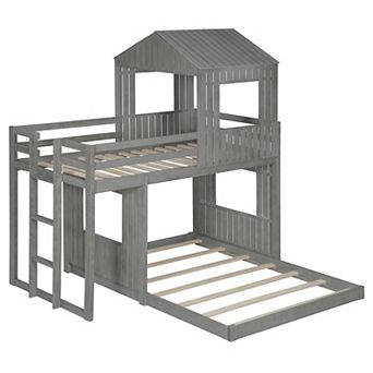Merax Wooden Twin Over Full Bunk Bed, Loft Bed with Playhouse, Farmhouse