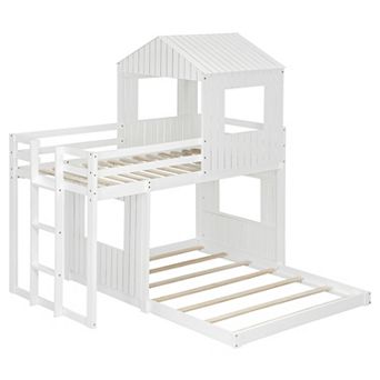 Merax Wooden Twin Over Full Bunk Bed, Loft Bed with Playhouse, Farmhouse