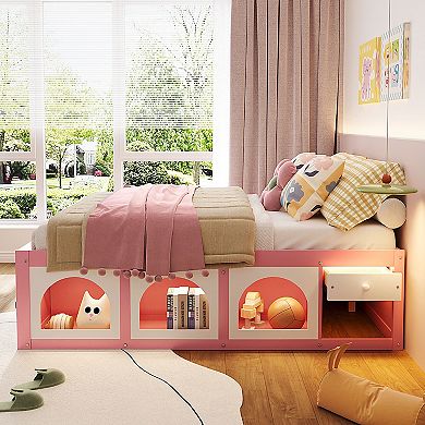 Merax Wooden Platform Bed with Bookshelf, Display Cabinet