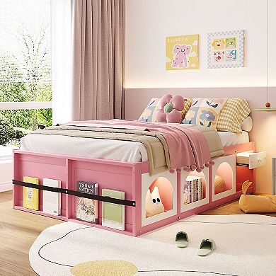 Merax Wooden Platform Bed with Bookshelf, Display Cabinet