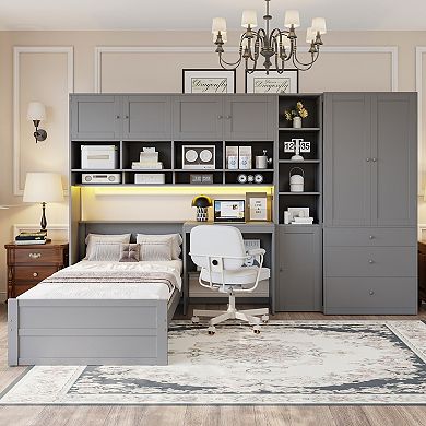 Merax Wooden Twin Size Platform Bed with Desk, Wardrobe, Cabinets