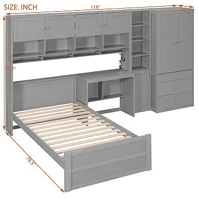 Merax Wooden Twin Size Platform Bed with Desk, Wardrobe, Cabinets