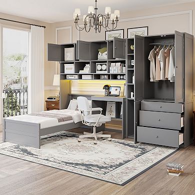 Merax Wooden Twin Size Platform Bed with Desk, Wardrobe, Cabinets
