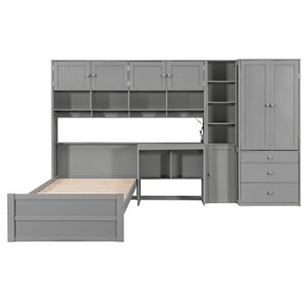 Merax Wooden Twin Size Platform Bed with Desk, Wardrobe, Cabinets