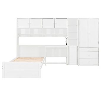 Merax Wooden Twin Size Platform Bed with Desk, Wardrobe, Cabinets