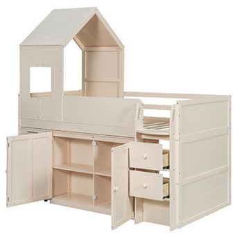 Merax Twin Size Wooden Loft Bed with Desk, Drawers,Cabinets
