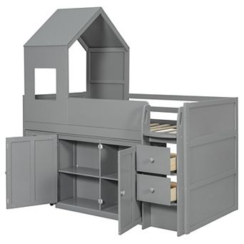 Merax Twin Size Wooden Loft Bed with Desk, Drawers,Cabinets