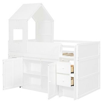 Merax Twin Size Wooden Loft Bed with Desk, Drawers,Cabinets