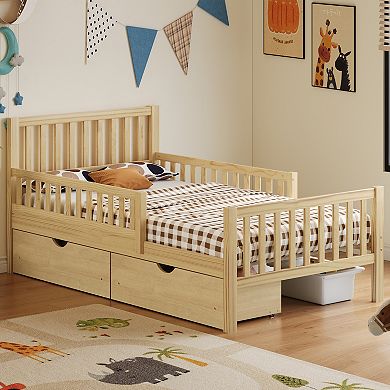 Merax Wood Platform Bed with Guardrails on Both Sides and Two Storage Drawers