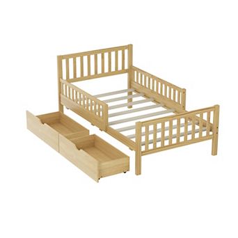 Merax Wood Platform Bed with Guardrails on Both Sides and Two Storage Drawers