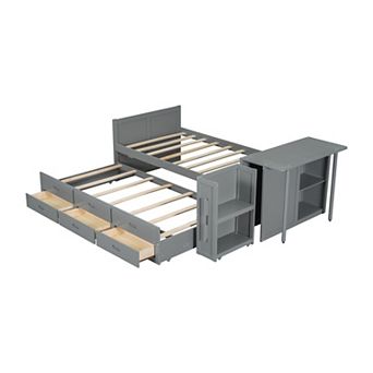 Merax Twin Size Multifunctional Wood Platform Bed with Desk and Storage Shelf at the End of the Bed