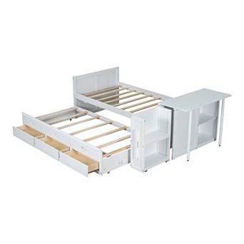 Merax Twin Size Multifunctional Wood Platform Bed with Desk and Storage Shelf at the End of the Bed