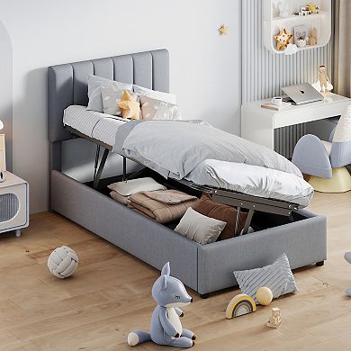 Merax Twin Size Upholstered Platform Bed with a Hydraulic Storage System
