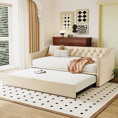 Merax Twin Size Upholstered daybed with Pop Up Trundle