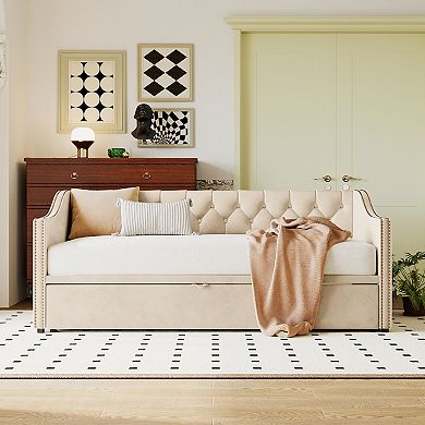 Merax Twin Size Upholstered daybed with Pop Up Trundle