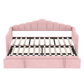 Merax Upholstered Twin Size Daybed with Adjustable Height Pop Up Trundle Twin Bed